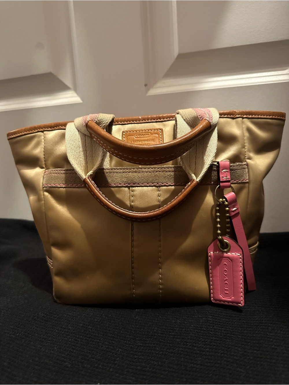Coach Tan Mini Tote with Pink Leather Tag
